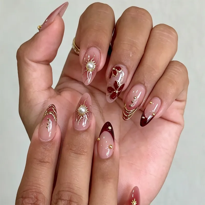 Nailhour 3D Nude 30Pcs Floral Almond Pearl Press On Nails
