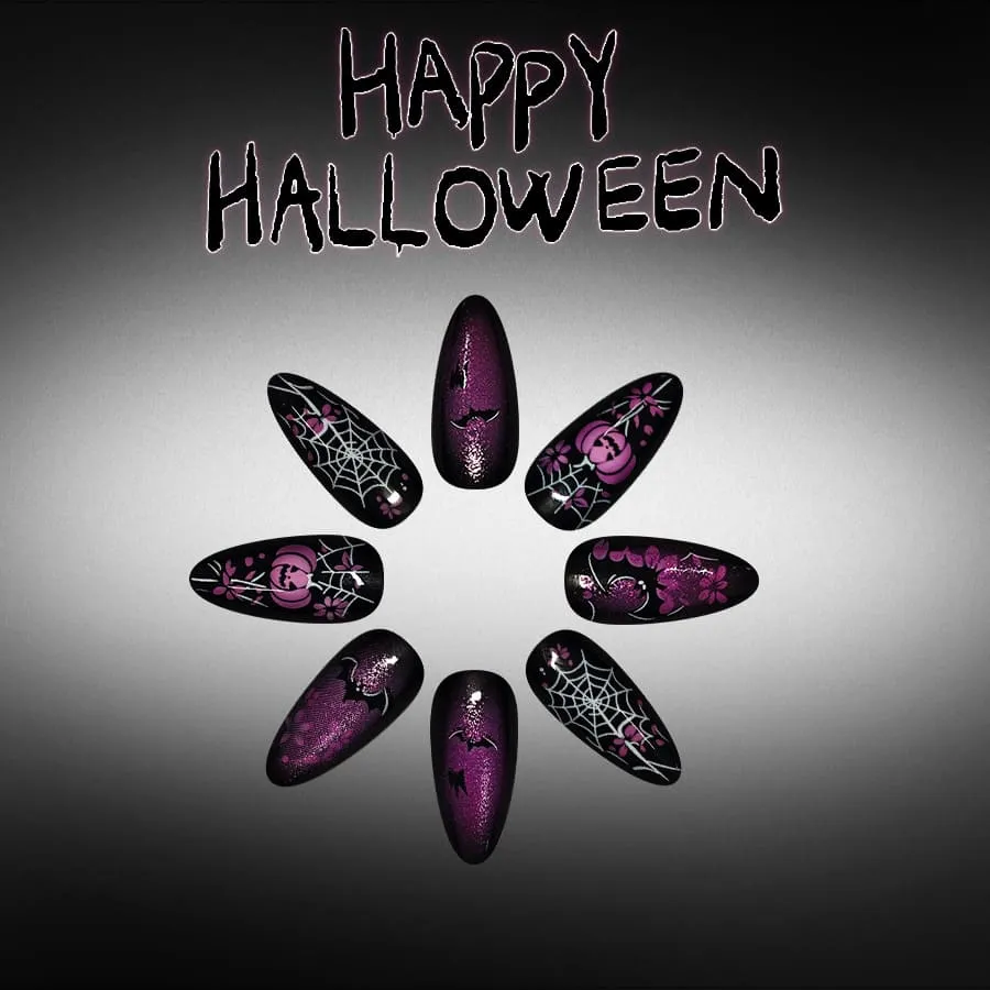 Nailhour 24Pcs Pumpkin Spider Purple Glossy Halloween Medium Almond Press On Nails