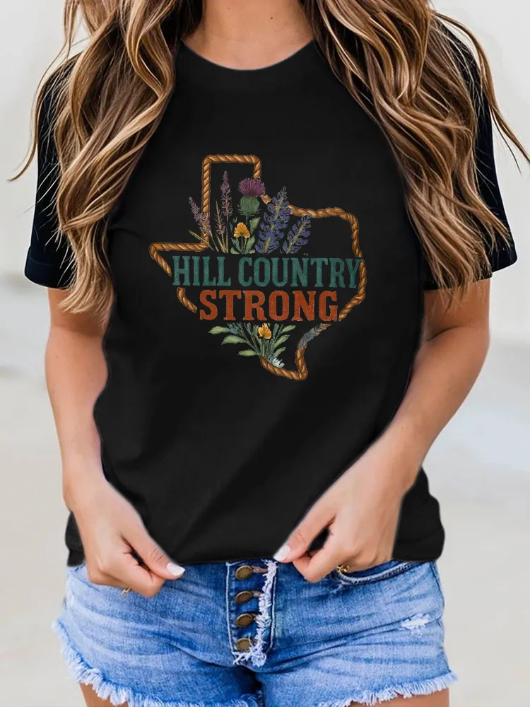 Ladies HILL COUNTRY STRONG Simple Loose And Slim Round Neck Shirt