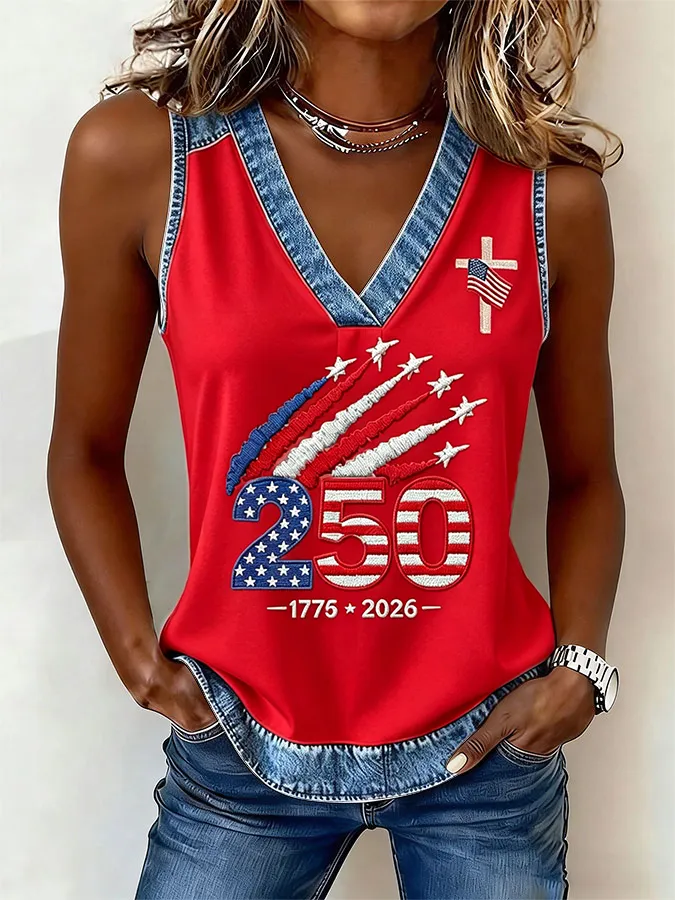 Women'S American Flag Independence Day 250Th Anniversary Printed Sleeveless Top