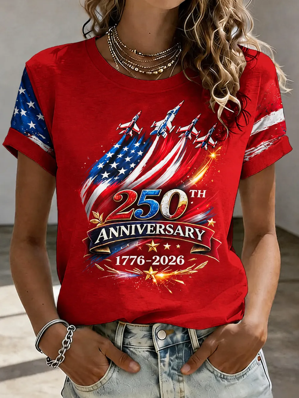 Women'S American Independence Day 250Th Anniversary Printed Short Sleeved T-Shirt