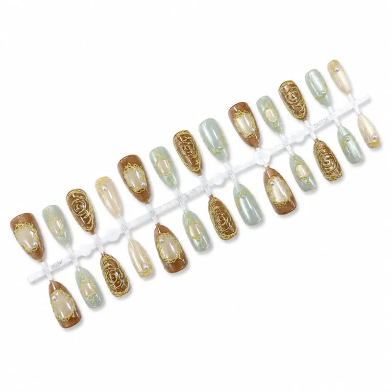 Nailhour 30Pcs Amber Gilded Medium Almond French Press On Nails