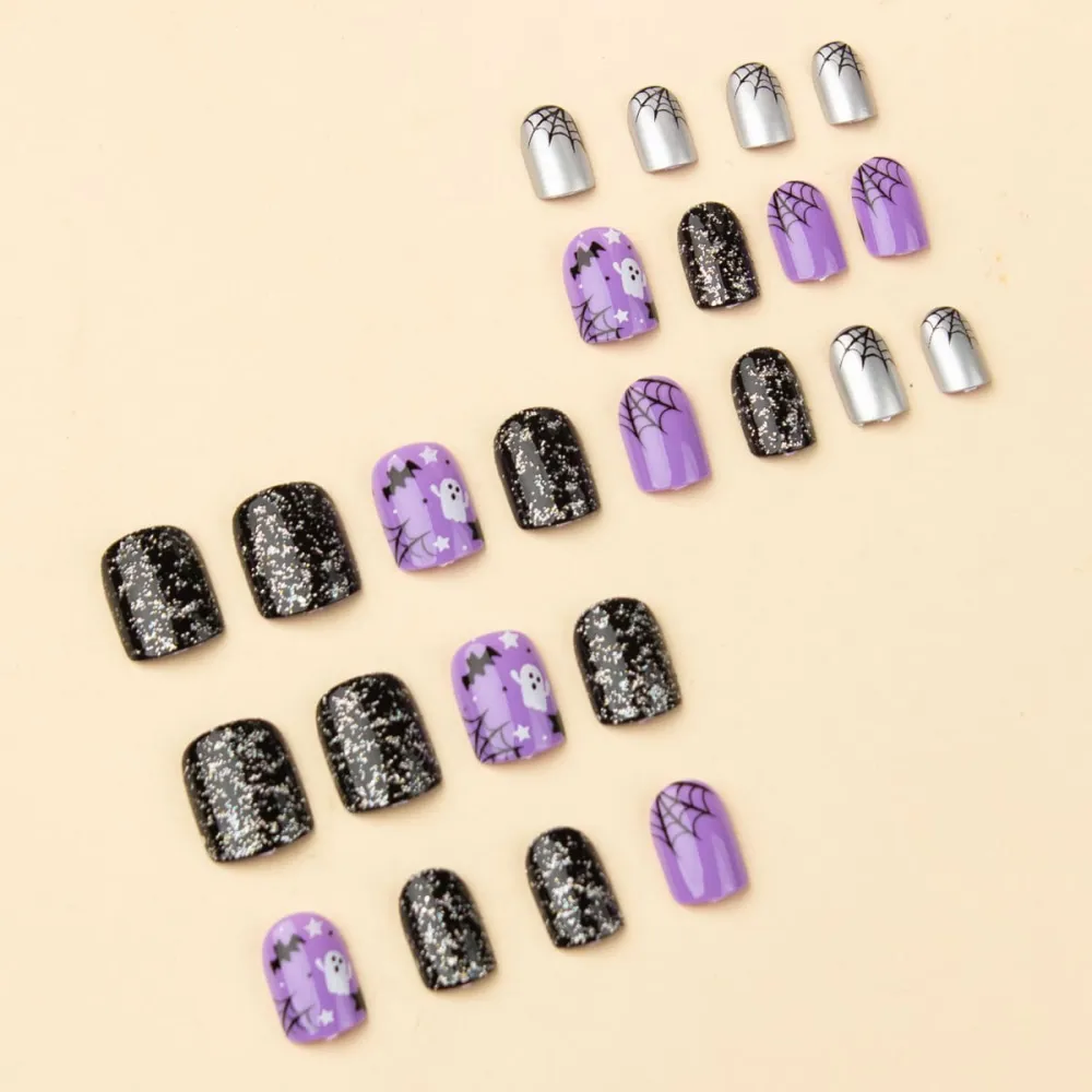 Nailhour 24Pcs Halloween Ghost Spider Web Glitter Short Squoval Press On Nails