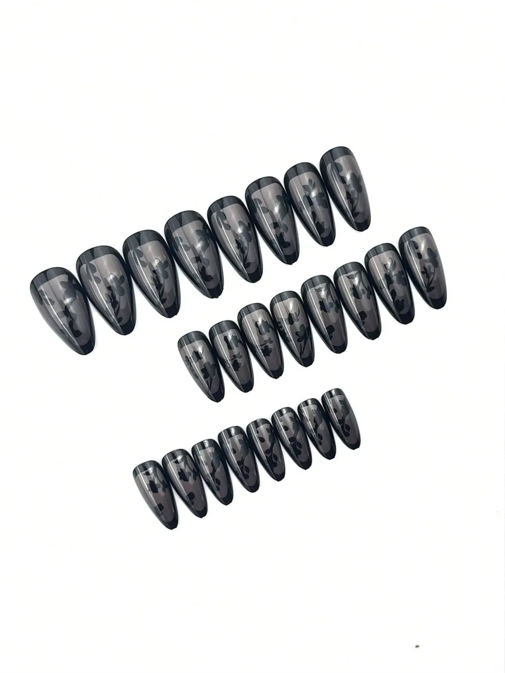 Nailhour 24Pcs Black Floral Gothic Party Medium Almond Press On Nails