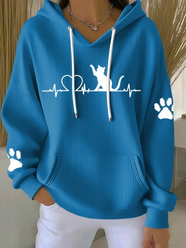 Casual Cat Print Hoodie For Women