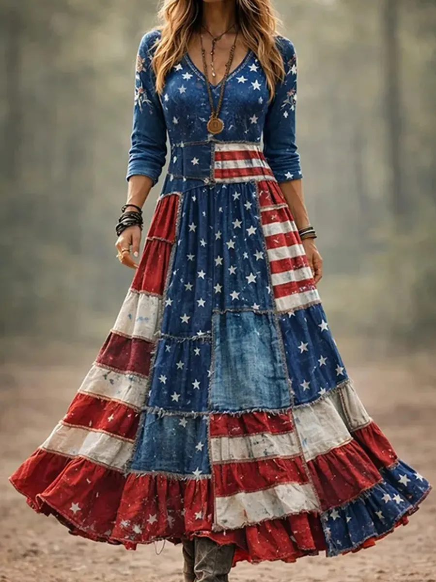 Women'S Retro Independence Day Faith Rose Pattern Casual Round Neck Dress