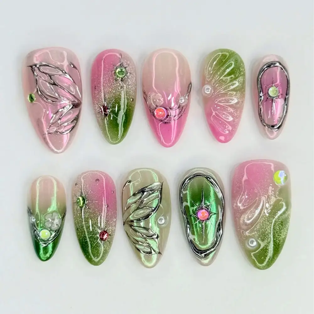 Nailhour 30Pcs 3D Chrome Floral Resin Medium Almond Press On Nails