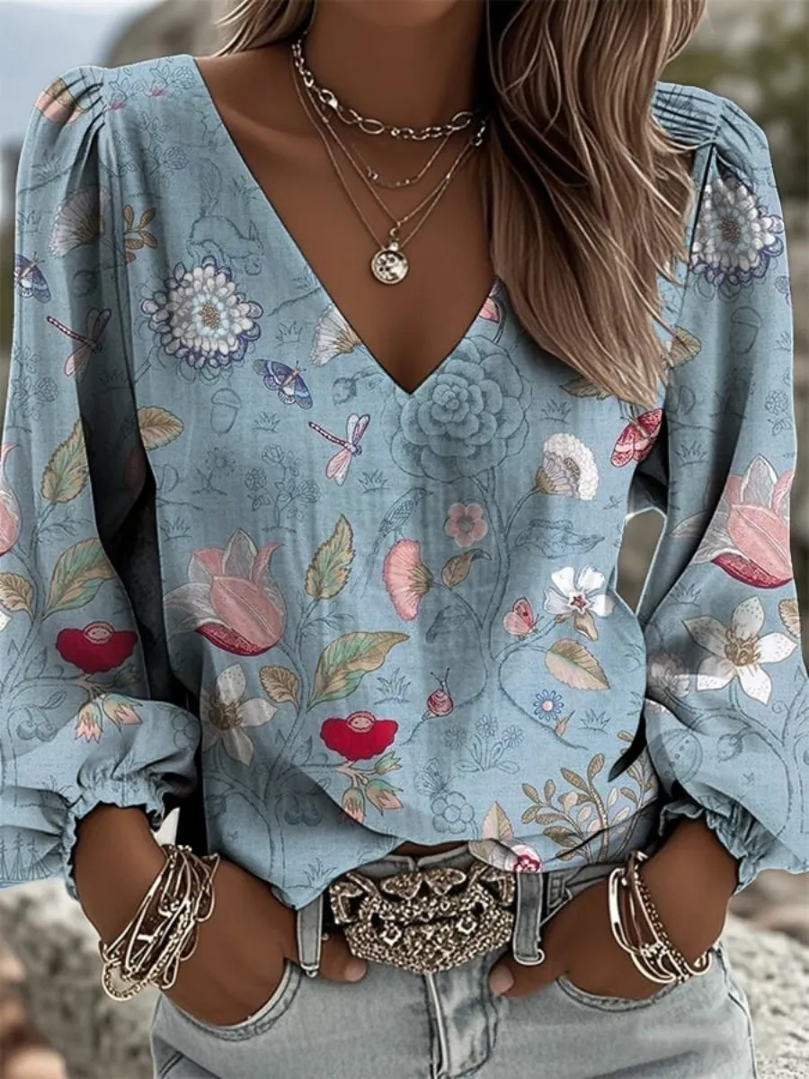 Women's Casual Art Print Cotton and Linen Shirt