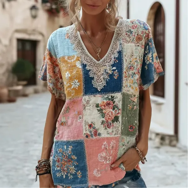 Women's Retro Color Blocked Printed Casual Short Sleeved T-Shirt