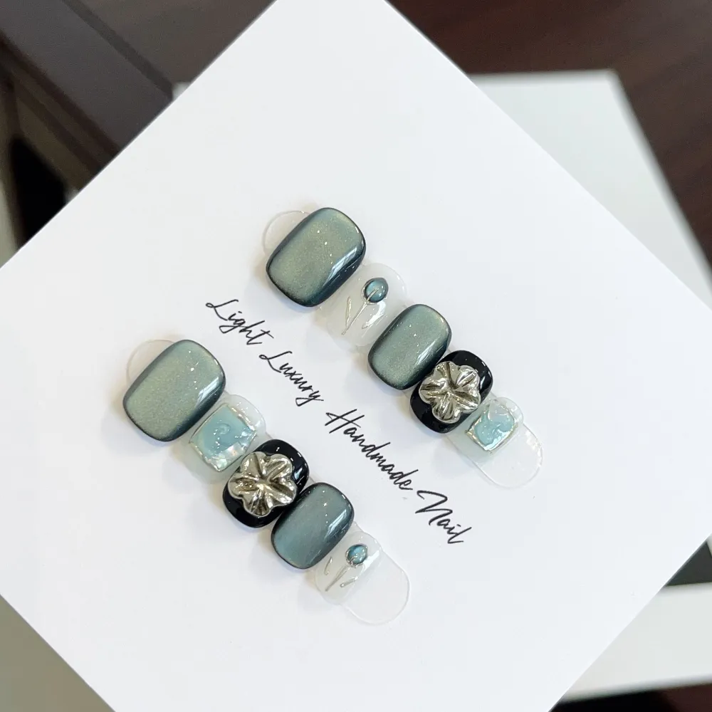 Nailhour 10Pcs Blue Cat Eye 3D Short Squoval Press On Nails