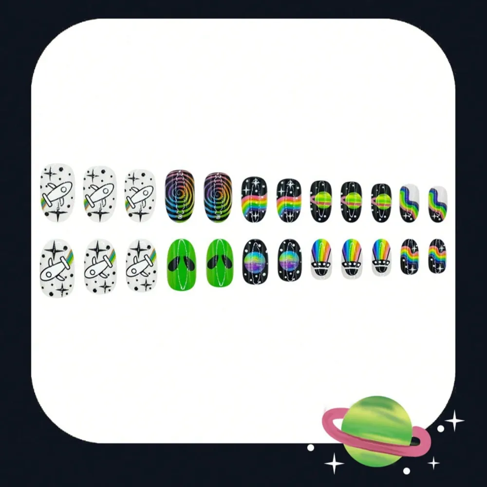 Nailhour 24Pcs Multicolor Y2K Party Short Oval Press On Nails