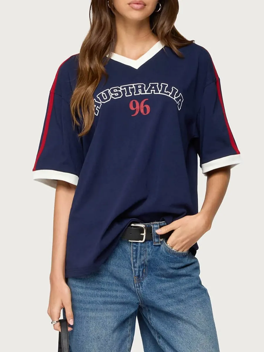 Women's Letter-Printed Color-Blocking V-Neck T-Shirt