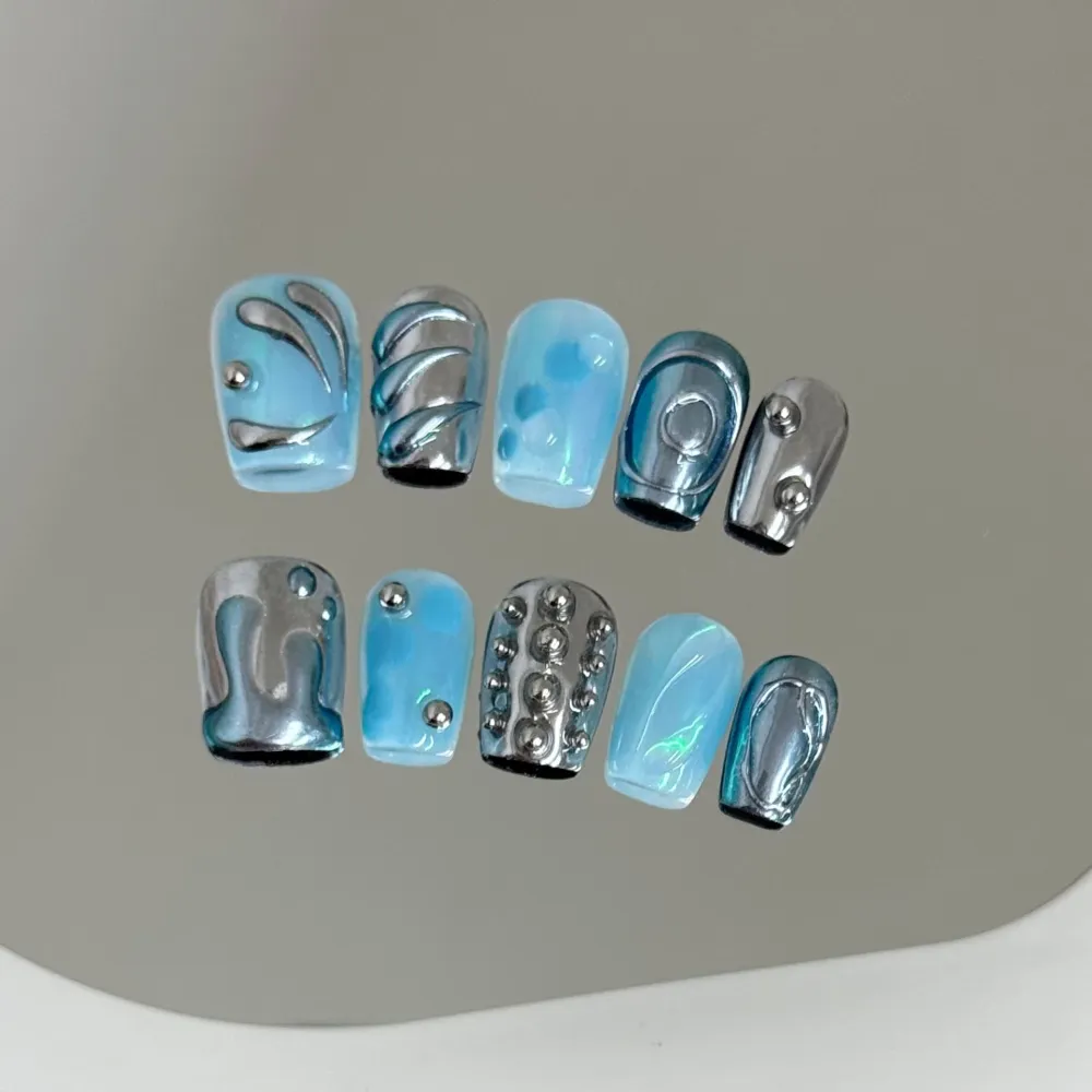 Nailhour 10Pcs Chrome 3D Blue Y2K Handmade Short Coffin Press On Nails