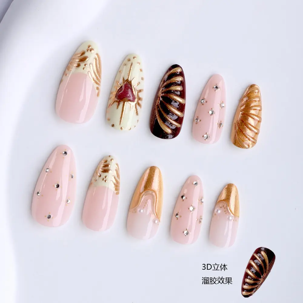 Nailhour 24Pcs French 3D Gilded Medium Almond Press On Nails