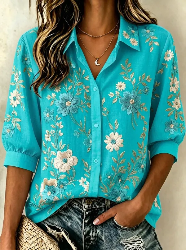 Women's Breast Cancer Awareness Pink Floral Embroidered Button-Down Shirt