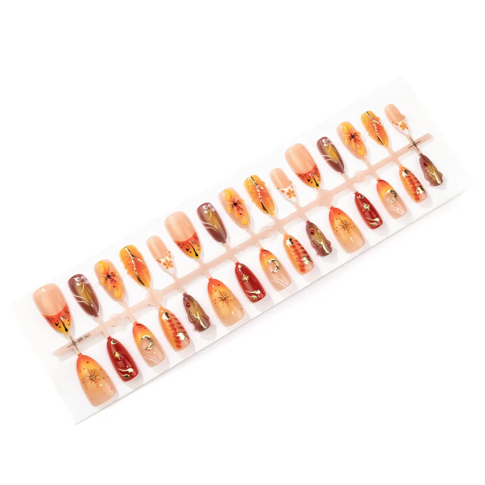 Nailhour 30Pcs Gilded Maple Leaves Medium Almond 3D Press On Nails