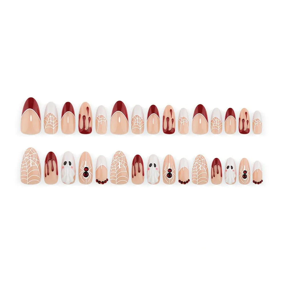 Nailhour 30Pcs French Cute Ghost Black And Red Halloween Medium Almond Press On Nails