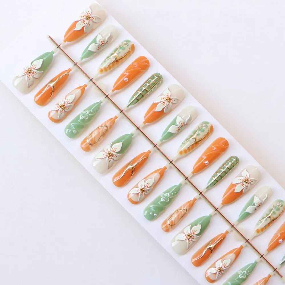 Nailhour 30Pcs Autumn 3D Floral Long Almond Press On Nails
