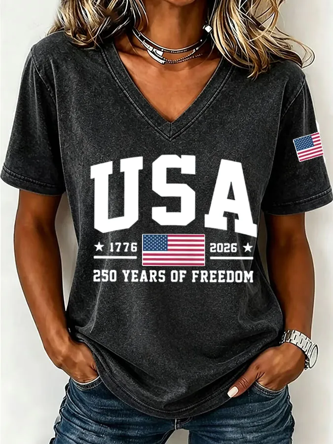 Women'S America Flag Floral Print Casual V-Neck T-Shirt