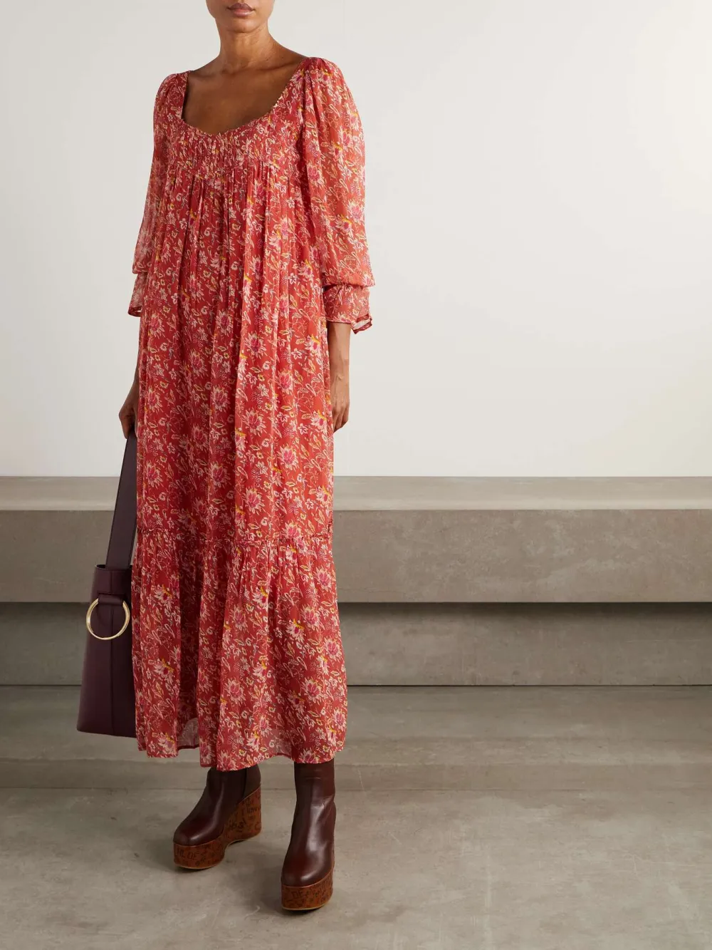 Pleated Detail Printed Midi Dress
