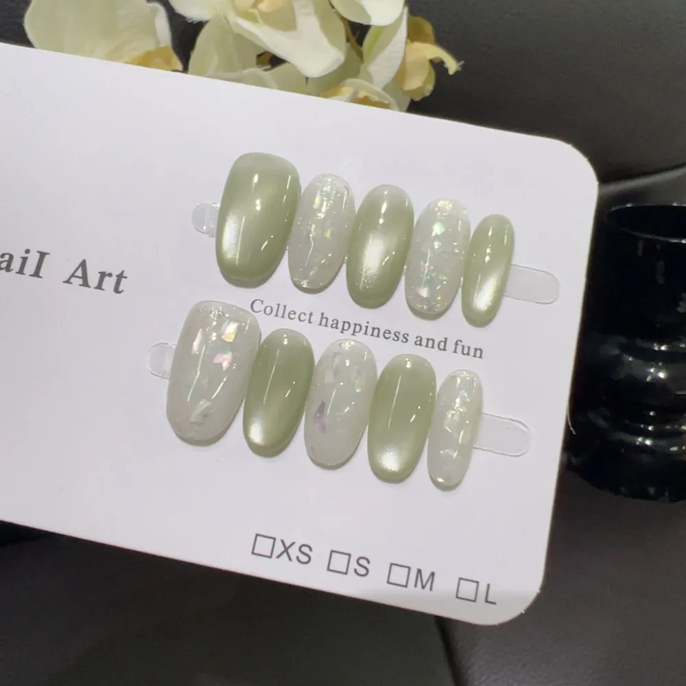 Nailhour 10Pcs Date Minimalist French Glitter Green Short Almond Press On Nails