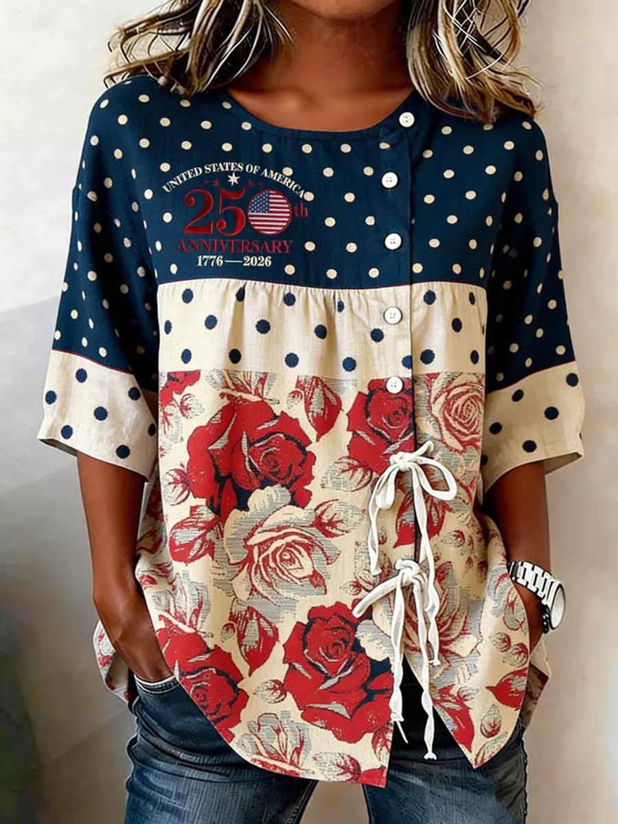 Women's Vintage 250th Anniversary Commemorative Printed Top - 快捷方式