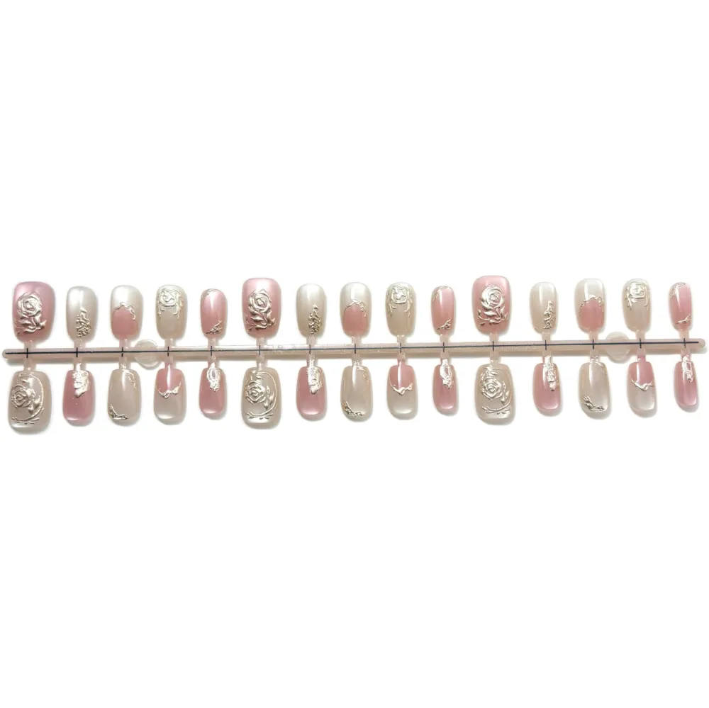 Nailhour 30Pcs Floral Rose Gilded Medium Square French Press On Nails