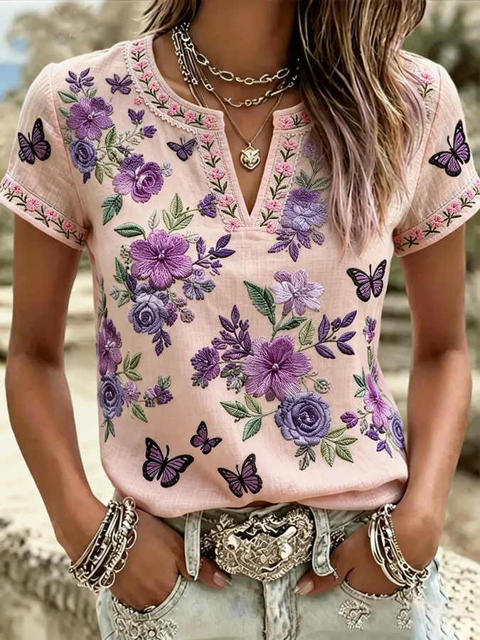 Women'S Floral Cotton And Linen Top