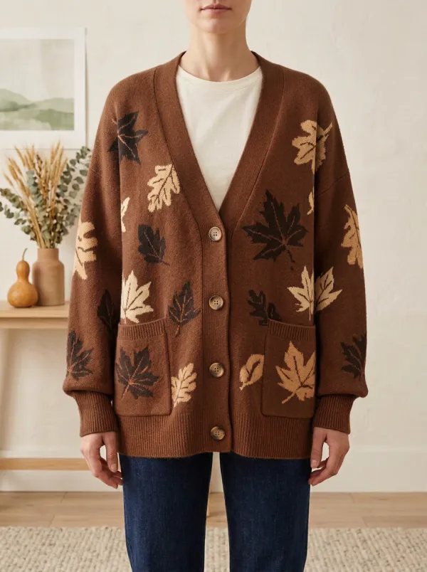 Relaxed Maple Leaf Pattern Patterned Women's Knit Cardigan