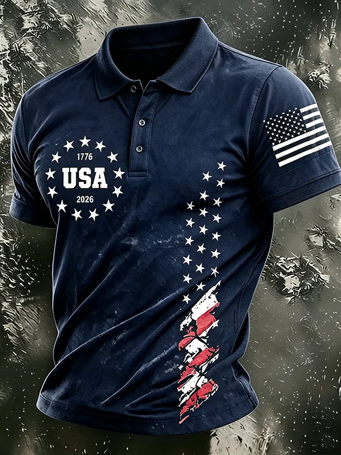 Men'S American Flag Print Casual Polo Shirt