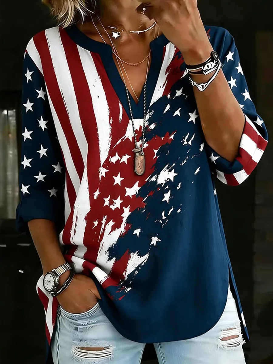 Women's Retro-Art American Flag Crewneck Top with V-Notch