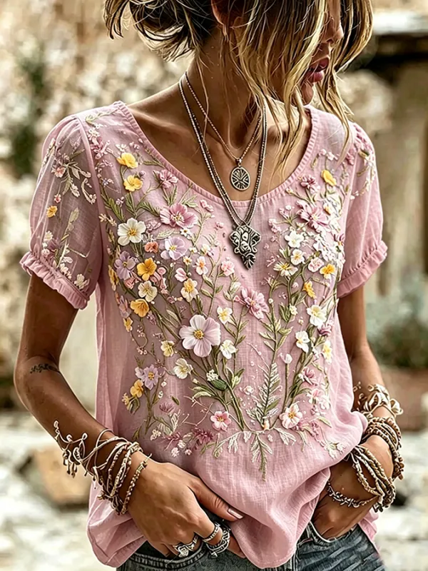 Women's Boho Floral Patchwork Embroidered Puff Sleeve Top