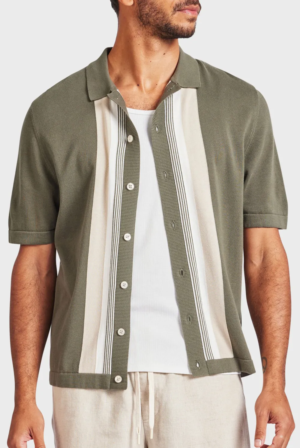 Smoke Pine Contrast Stripe Knit Shirt
