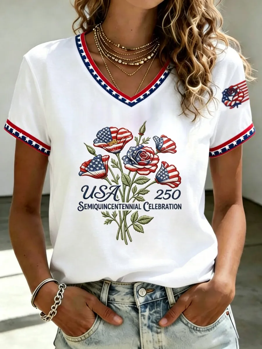 U.S. 250th Anniversary Rose Art Women's V-Neck T-Shirt