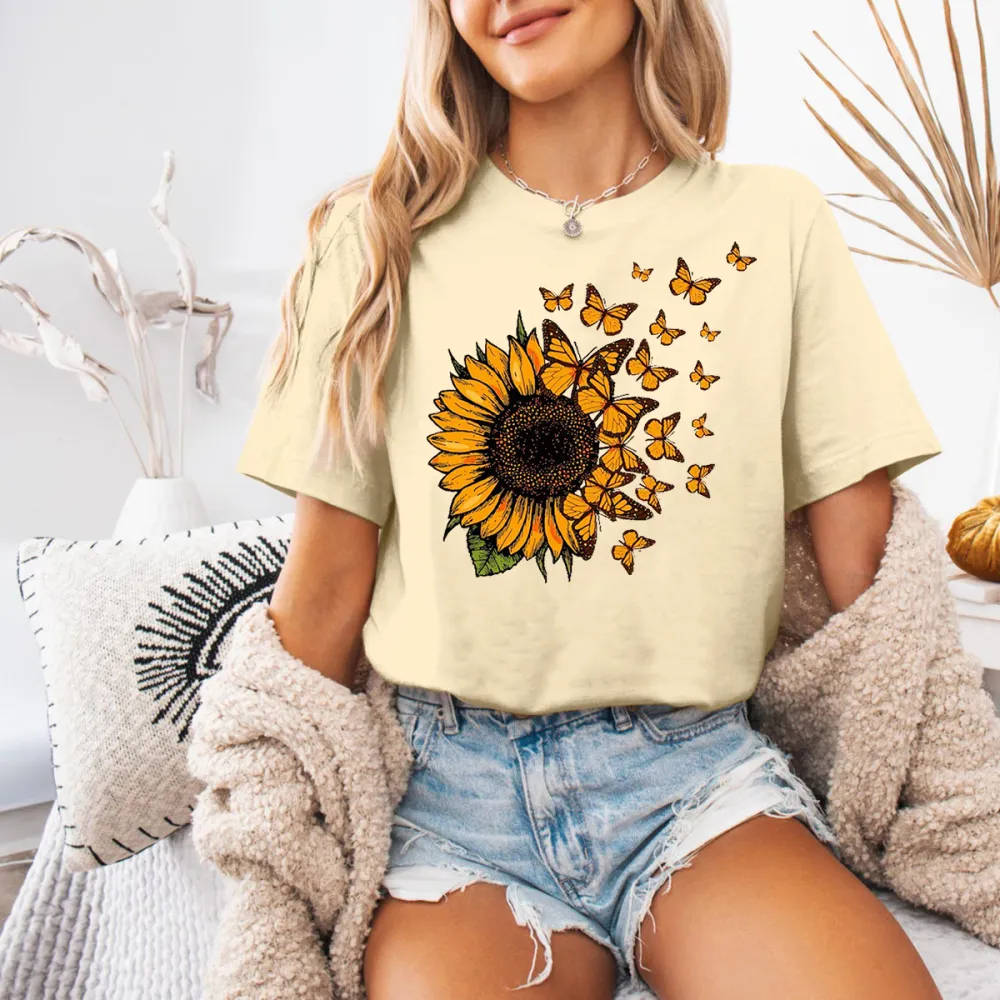 Sunflower And Flying Butterflies Tee