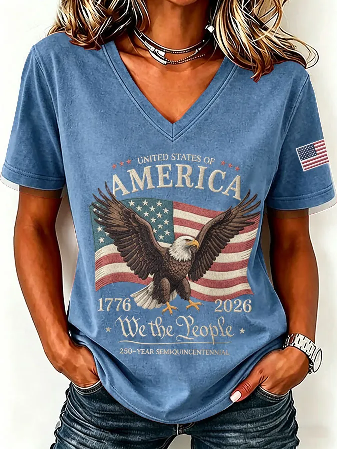 Women'S America Flag Print Casual V-Neck T-Shirt