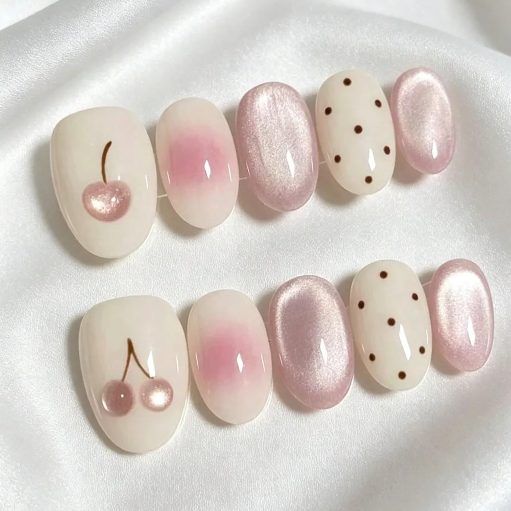 Nailhour 10Pcs Handmade Short Oval Pink Cat Eye Flower Press On Nails