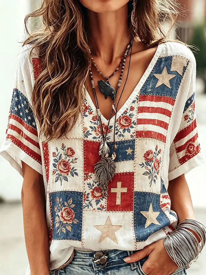 Women'S Floral Printed Casual Cotton And Linen Top