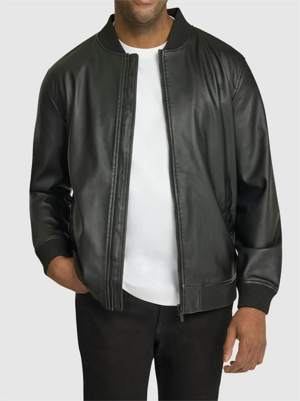 BLACK FAUX LEATHER BOMBER JACKET WITH RETRO STYLE