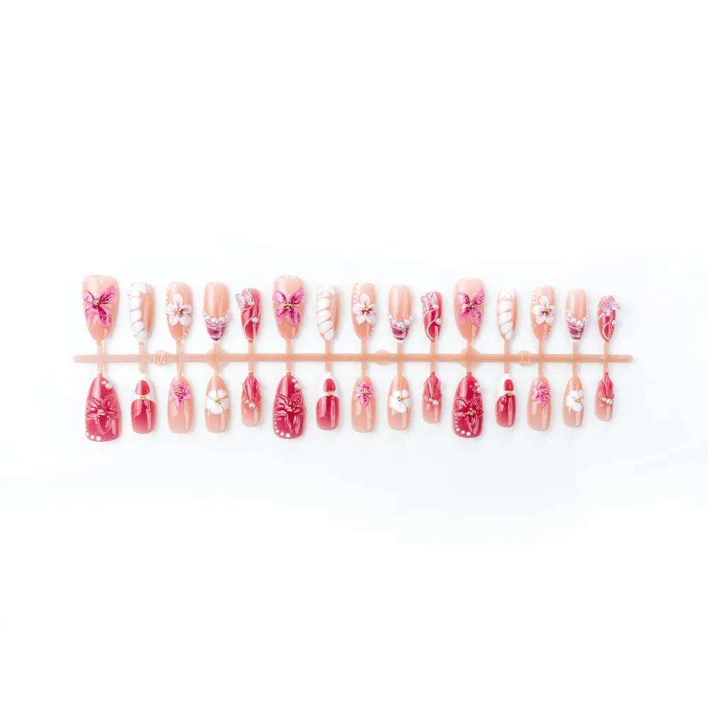 Nailhour 3D Pink Floral 30Pcs Holiday Almond Press On Nails