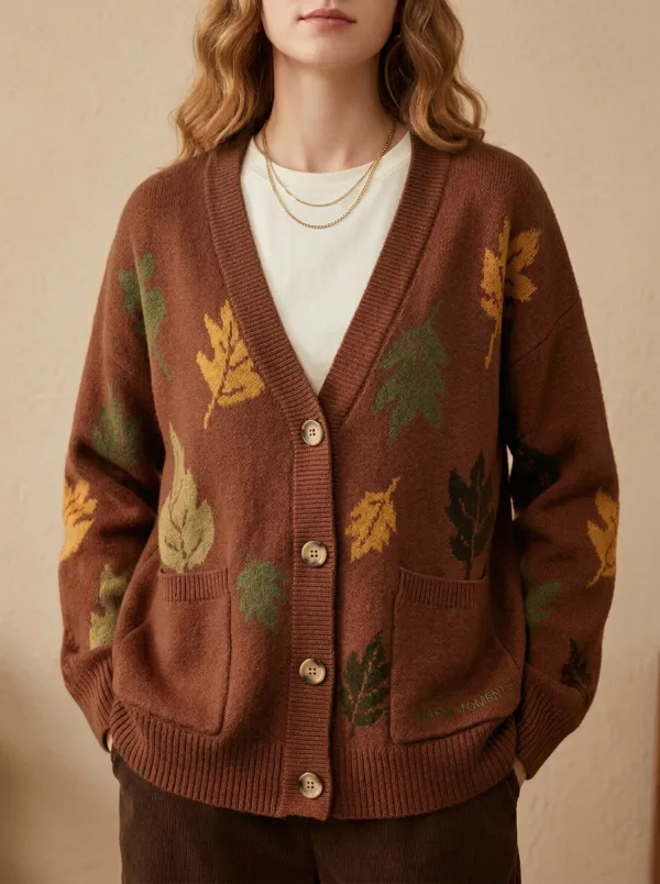 Leaves Pattern Embroidered Women's Knit Cardigan