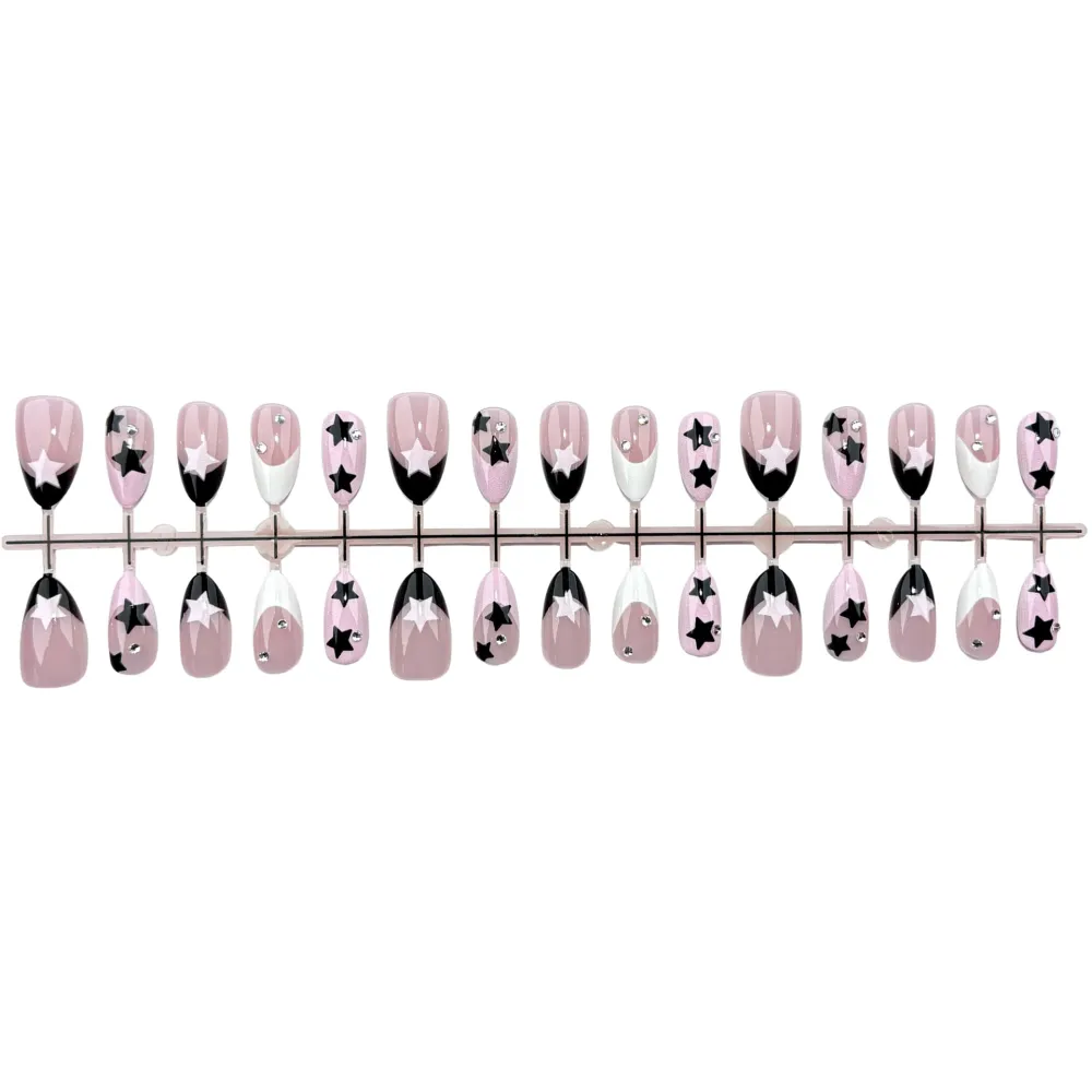 Nailhour 30Pcs Black And Pink Star Medium Almond French Press On Nails