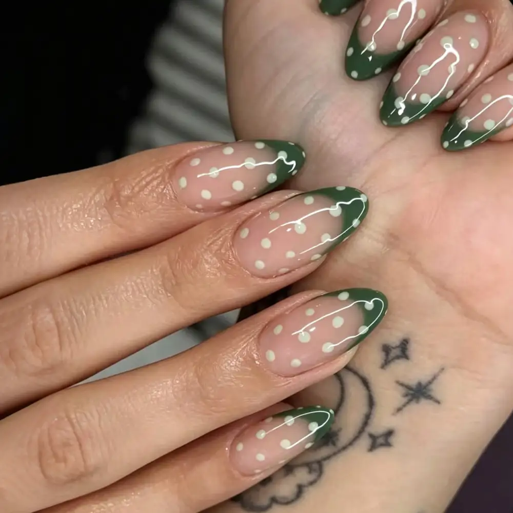 Nailhour 30Pcs Green French Medium Almond Press On Nails