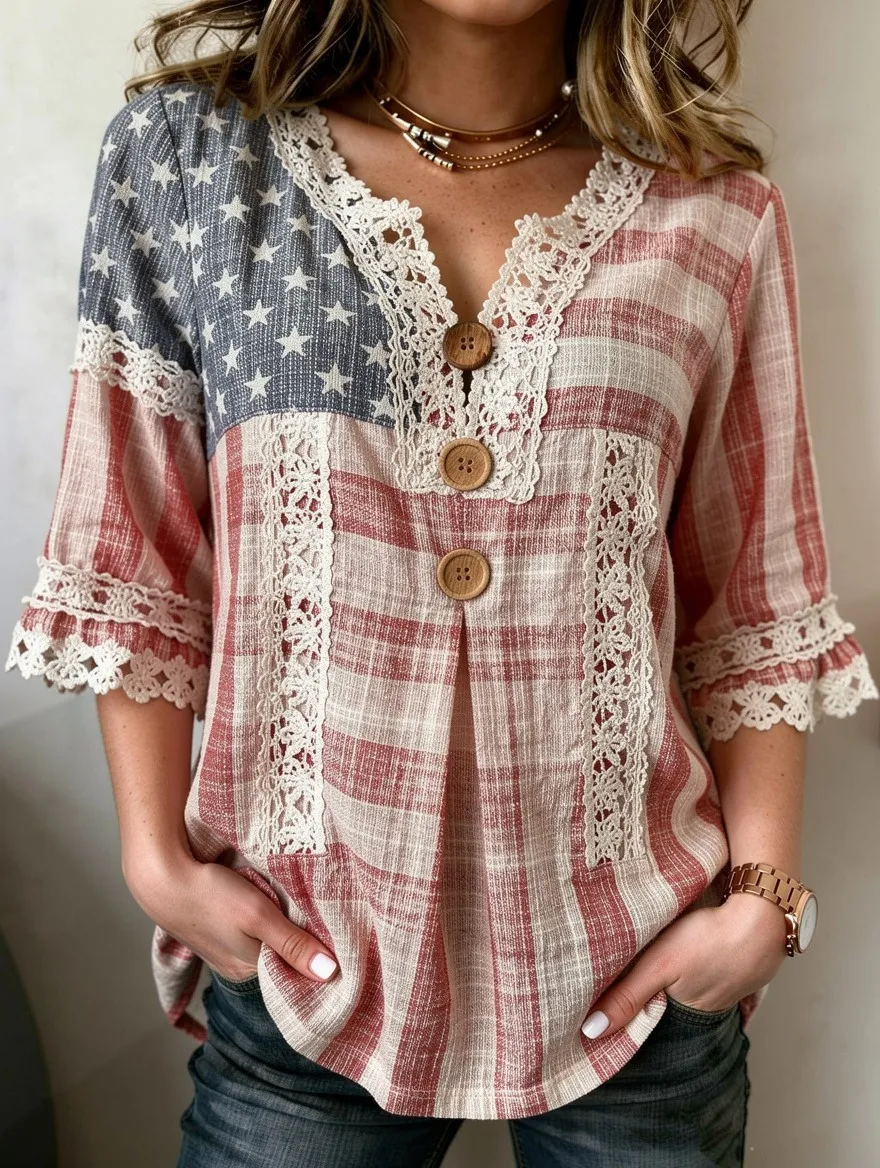 Women'S Retro Independence Day American Flag Flower Art Printed Casual Top