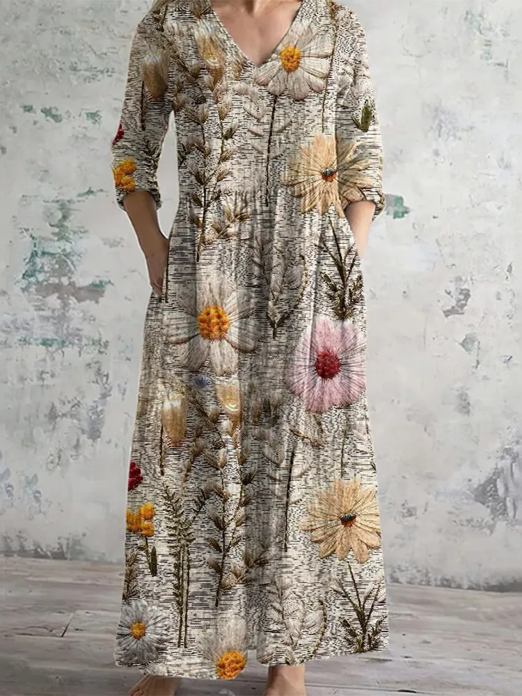 Casual Colorful Flower Print Line Maxi Dress