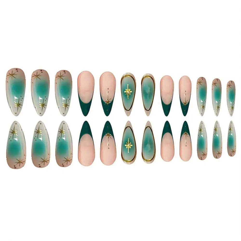 Nailhour 24Pcs Green Glitter Medium Almond Press On Nails