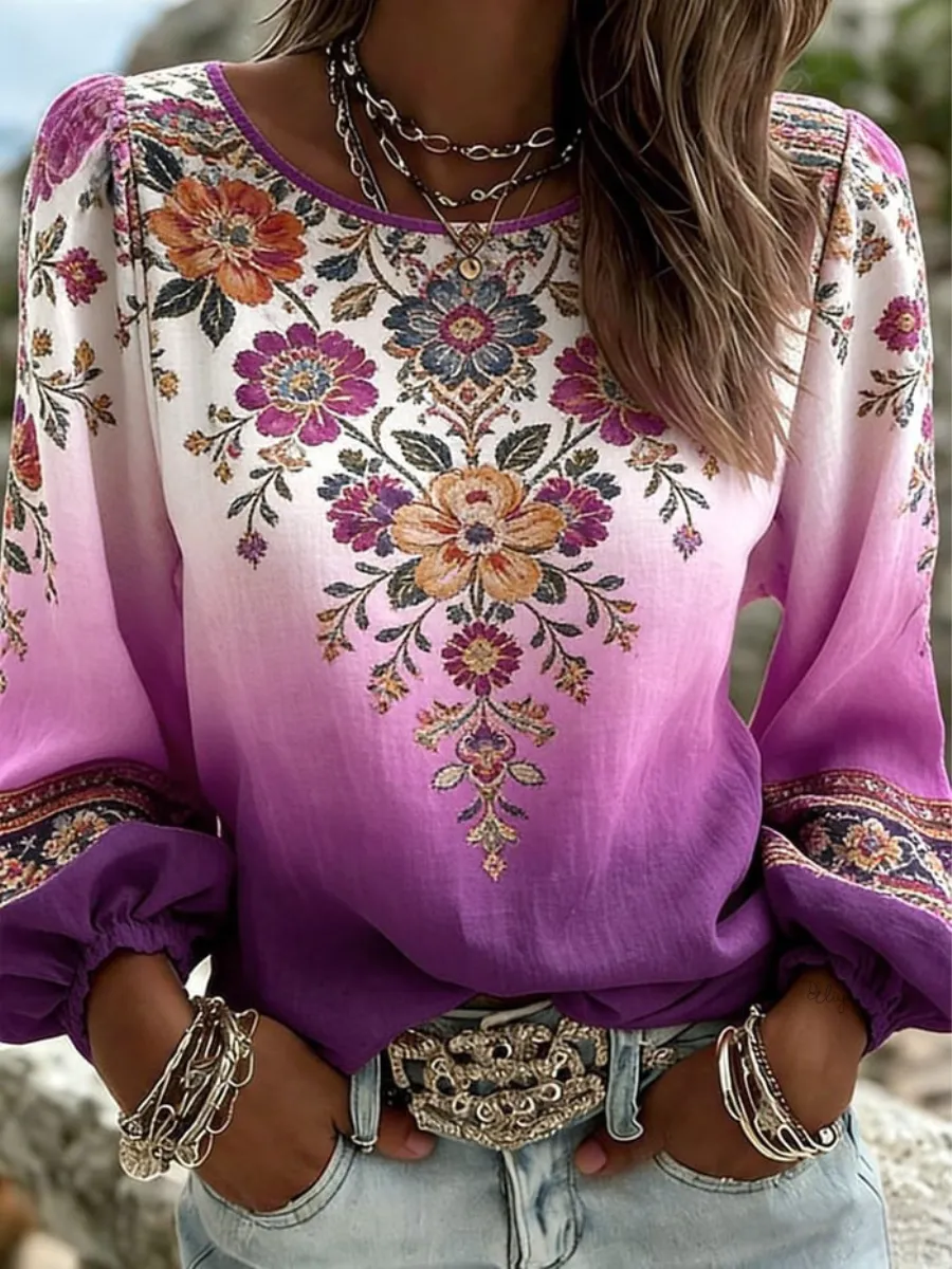 Women's printed purple artistic round neck shirt