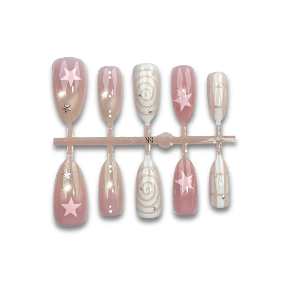 Nailhour 30Pcs Pink Gradient 3D Medium Almond French Press On Nails