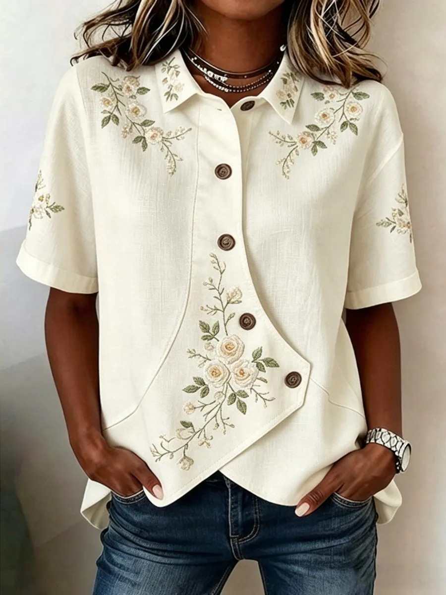 Women's Floral Art Short-Sleeve Linen Shirt