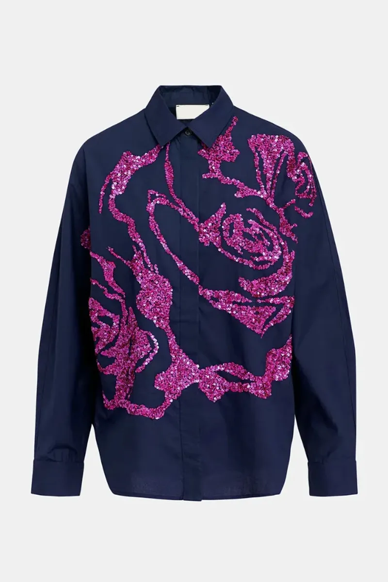 Floral Patterned Long Sleeve Navy Shirts